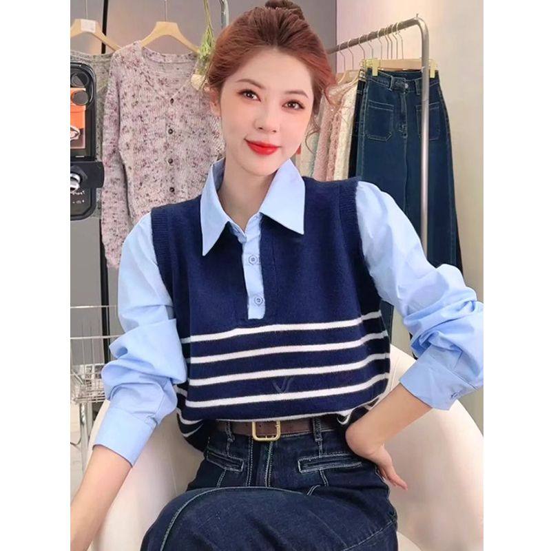 假两件polo领条纹针织衬衫女秋季设计感小众上衣高级感慵懒风毛衣