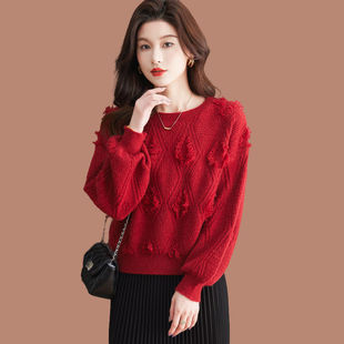 时尚洋气别致毛衣打底衫2025秋冬短款内搭红色宽松减龄针织衫上衣