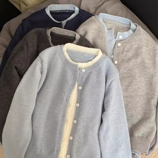 韩系深秋chic拼接撞色假两件灰色针织开衫外套女慵懒外搭毛衣上衣