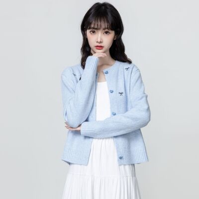 蓝色圆领针织开衫女2025春秋新款宽松设计感薄款毛衣外套短款上衣