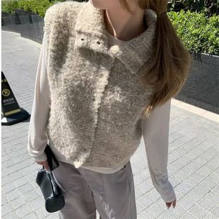 质感圈圈毛扣子高领毛衣女装秋冬新款韩系百搭显瘦无袖马甲厚两穿