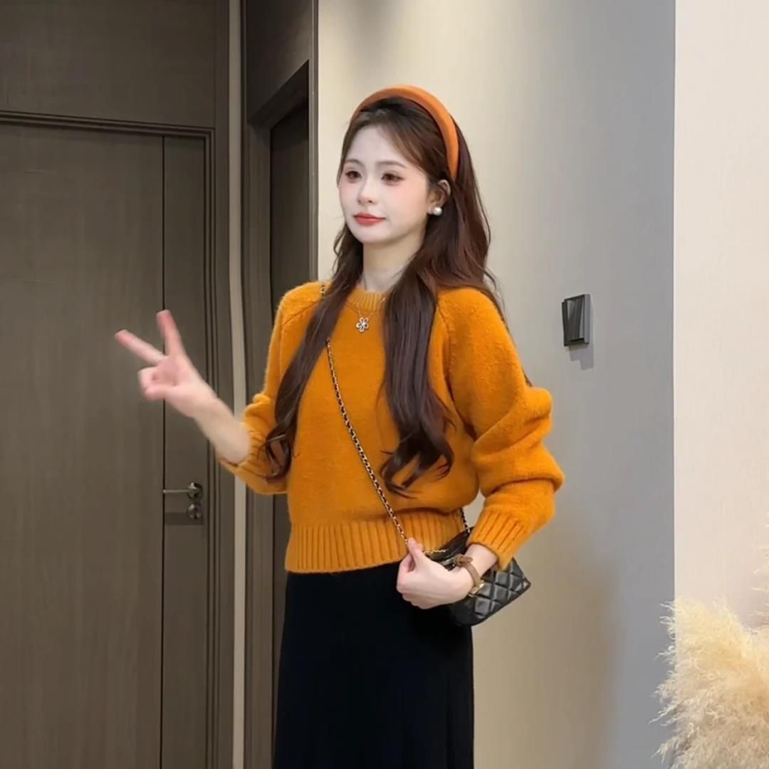 复古绿圆领小个子女生短款针织衫韩系简约温柔风毛衣秋冬穿搭上衣