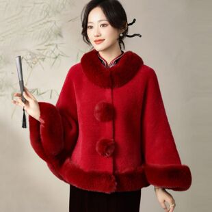 披风厚 毛领外套开衫 秋冬无袖 子斗篷披肩女新年红色新婚仿貂毛短款