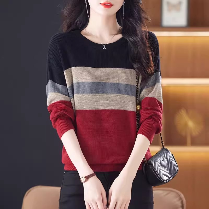 2025春秋爆款针织打底衫圆领撞色条纹长袖上衣宽松遮肚针织衫薄款