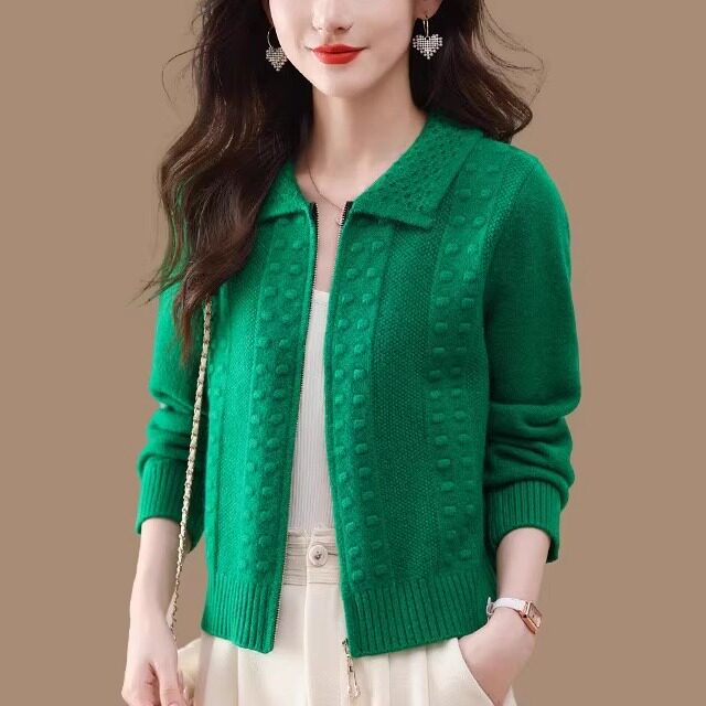 翻领拉链针织开衫女2025春秋新款宽松外套毛衣短款小个子洋气上衣,女装/女士精品,毛针织衫,淘宝优惠券,粉丝福利购,淘宝优惠卷