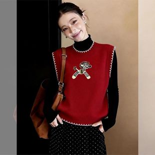 小个子红色马甲冬外穿女款圆领漂亮小马提花针织背心无袖叠穿上衣