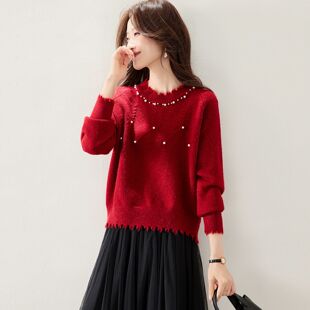 秋冬季新款时尚钉珠流苏新年红毛衣女短款宽松打底衫针织红色上衣