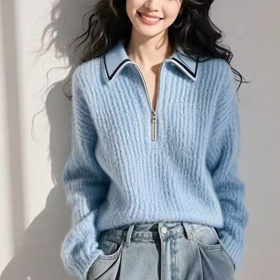 温柔蓝色翻领半开拉链长袖毛衣针织衫女秋冬新款气质软糯显瘦上衣