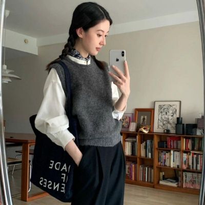 灰色温柔慵懒风韩系上衣叠穿坎肩针织衫背心马甲套头毛衣女春秋季