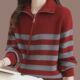 半拉链毛衣女士新款 上衣 洋气条纹毛针织衫 秋冬季 翻领内搭打底衫