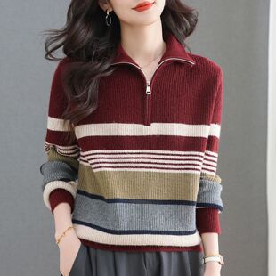 女装半拉链条纹针织衫秋冬宽松打底2026新春中年妈妈显瘦毛衣上衣