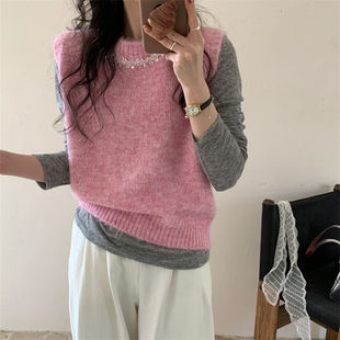 韩系粉色钉珠亮片针织马甲女春季高级感软糯减龄毛衣背心叠穿上衣