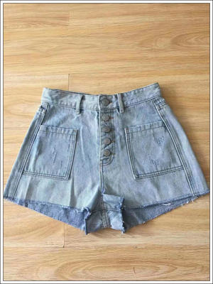 高腰5扣毛边牛仔短裤单排扣