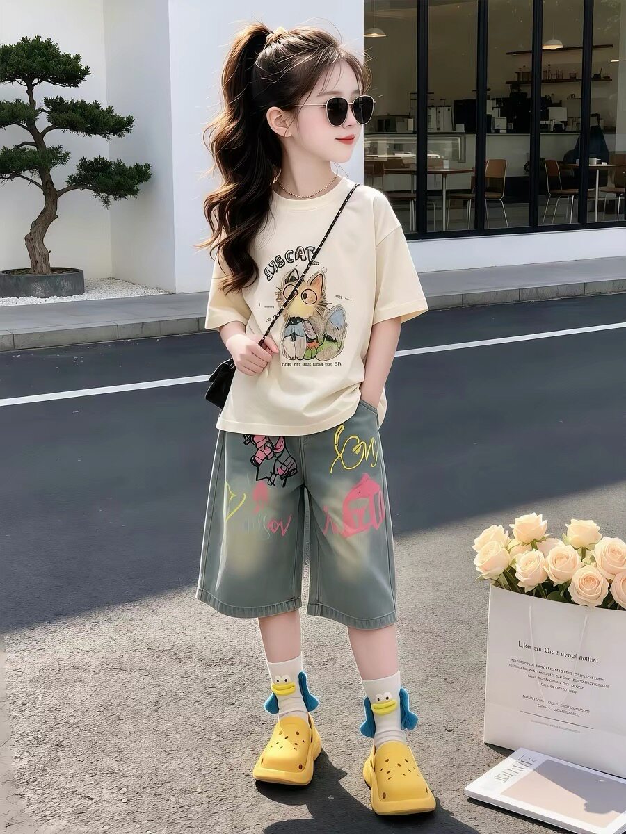 女童夏季套装2026新款中大童休闲短袖印花T恤牛仔中裤夏装两件套