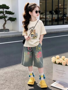 女童夏季套装2026新款中大童休闲短袖印花T恤牛仔中裤夏装两件套