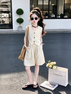 女童夏装套装2026新款儿童超洋气女大童装休闲洋气马甲短裤两件套
