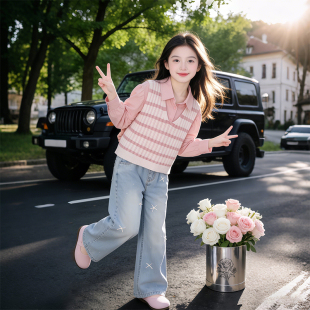 童装女童套装春装洋气2026新款女孩儿童衬衫条纹马甲牛仔裤三件套