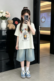 女童夏装套装2026夏季新款儿童韩版短袖T恤大童宽松薄款牛仔中裤