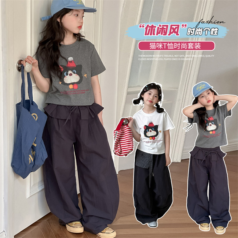 女童夏季新款猫咪T恤工装两件套图片