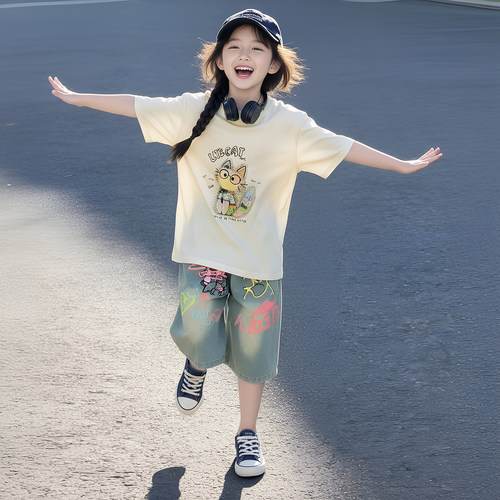女童夏季薄款牛仔中裤炸街两件套