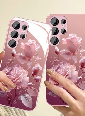Samsung苹果16三星手机壳a55女34适用s23FE粉玫瑰a54花朵s24plus玻璃s22ULTRA全包IP14镜头53带挂绳52case15p
