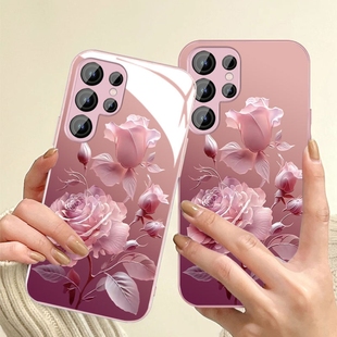 Samsung苹果16三星手机壳a55女34适用s23FE粉玫瑰a54花朵s24plus玻璃s22ULTRA全包IP14镜头53带挂绳52case15p