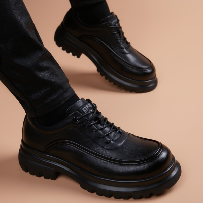 增高休闲皮鞋男真皮圆头年轻人