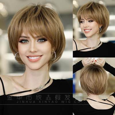 欧美金棕色假发白领气质短卷发Golden brown short curly wigs