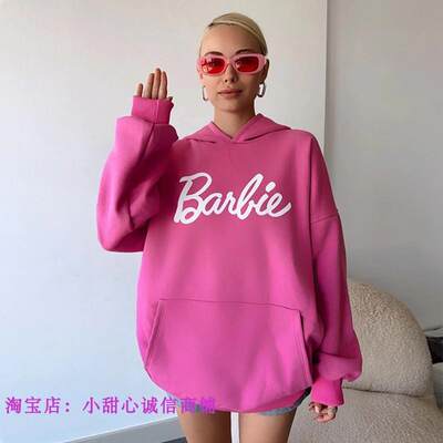 Casual Pink Barbie Letter Printed Loose Hooded Hoodie 卫衣