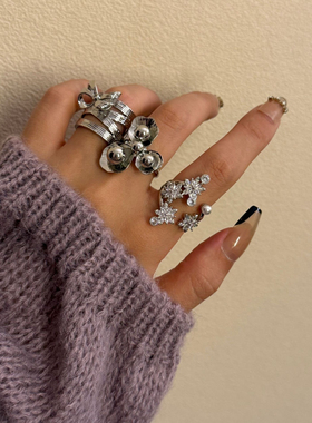 韩版小众设计金属宽版蝴蝶结圆珠球开口戒指 ins冷淡风气质指环戒