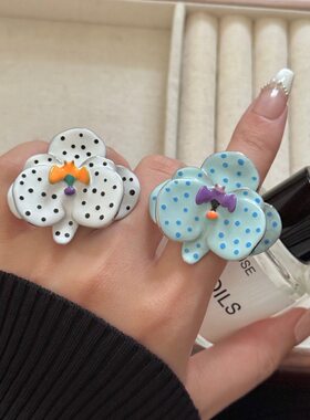 小众设计多巴胺手工珐琅釉花朵波点叠戴戒指 ins个性蝙蝠复古指环