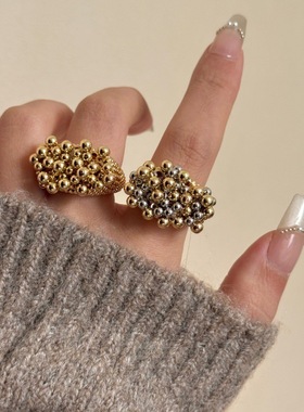 欧美风金属圆珠球串串手工戒指个性高级感圆珠球宽版辣妹串珠指环