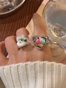 多巴胺手工天然石串珠金属质感彩色戒指新中式珍珠开口叠戴指环戒