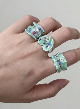 新中式珐琅滴油金属花朵开口戒指女甜酷时尚高级感轻奢食指戒指环