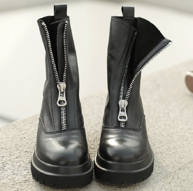 AUTUMN AND WINTER INVISIBLE INNER HEIGHT OF 8CM FIRST LAYER OF COWHIDE THICK SOLE ANTI-SLIP OUTSOLE MID-RISE MARTIN BOOTS ZIPPER RIDER BOOTS WOMEN