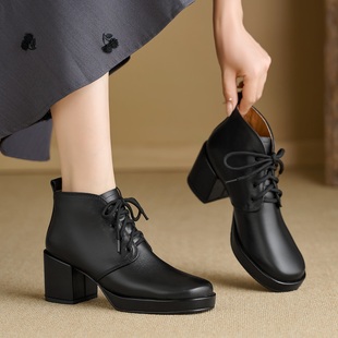 秋冬隐形内增高9CM真皮马丁靴粗跟系带方头韩范时尚秀气短靴子女
