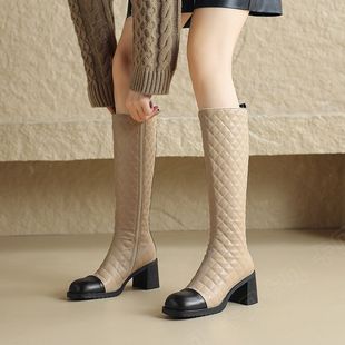秋冬隐形内增高9CM牛皮小香风拼色印花优雅气质百搭长筒骑士靴女