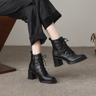 秋冬隐形内增高10CM 头层羊皮时尚粗跟系带马丁靴秀气高端短靴女