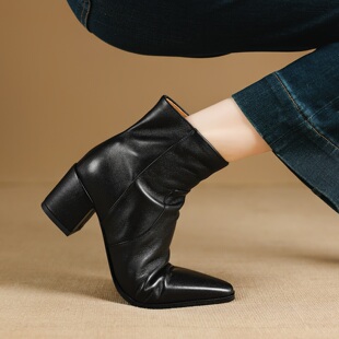春秋隐形内增高8CM韩版真皮粗高跟尖头踝靴头层牛皮时尚秀气短靴