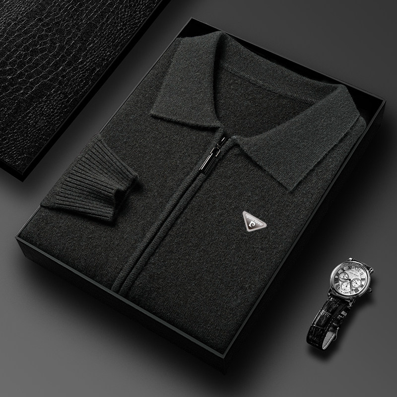 피에르 가르뎅 니트 캐시미어 가디건 남성 가을 겨울 두꺼운 패션 캐주얼 지퍼 옷깃 따뜻한 스웨터 재킷