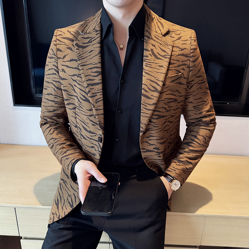 男士休闲时尚豹纹花西装外套修身时尚潮流便西单西褂子西服上衣男