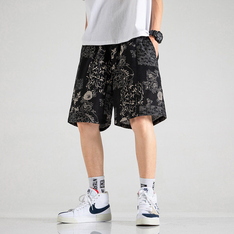 夏季男士棉麻花短款宽松休闲时尚潮流大花裤衩子五分裤沙滩裤男裤,男装,短裤,淘宝优惠券,粉丝福利购,淘宝优惠卷