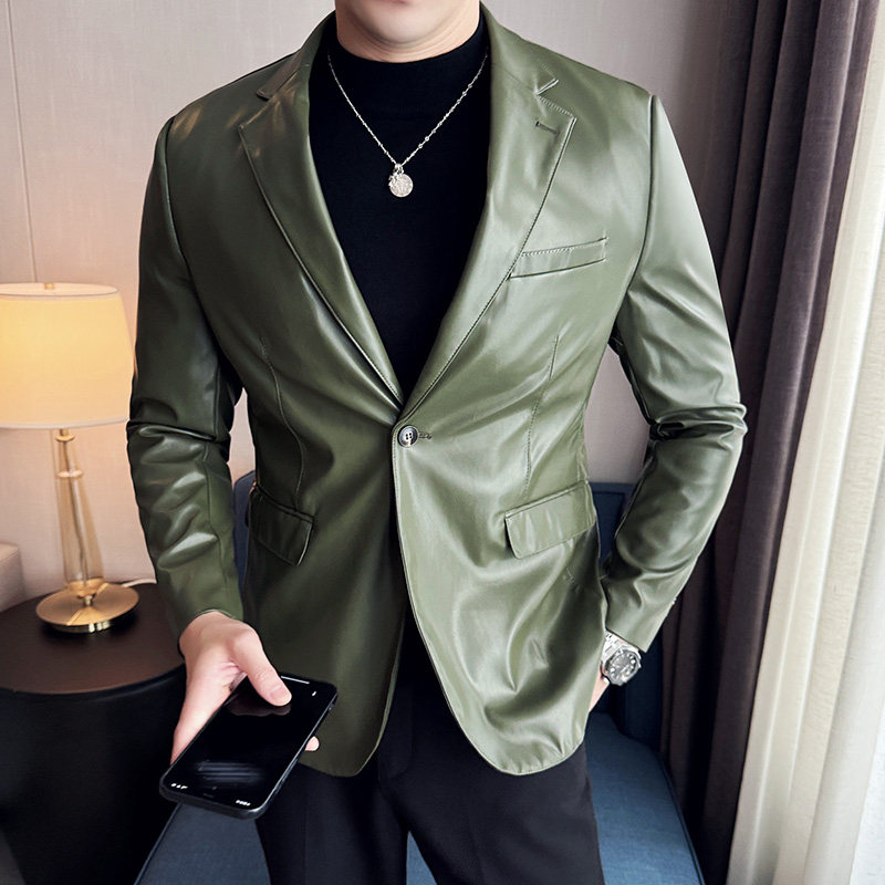春季皮衣男西装外套新款韩版修身帅气潮流休闲男士皮西服夹克上衣