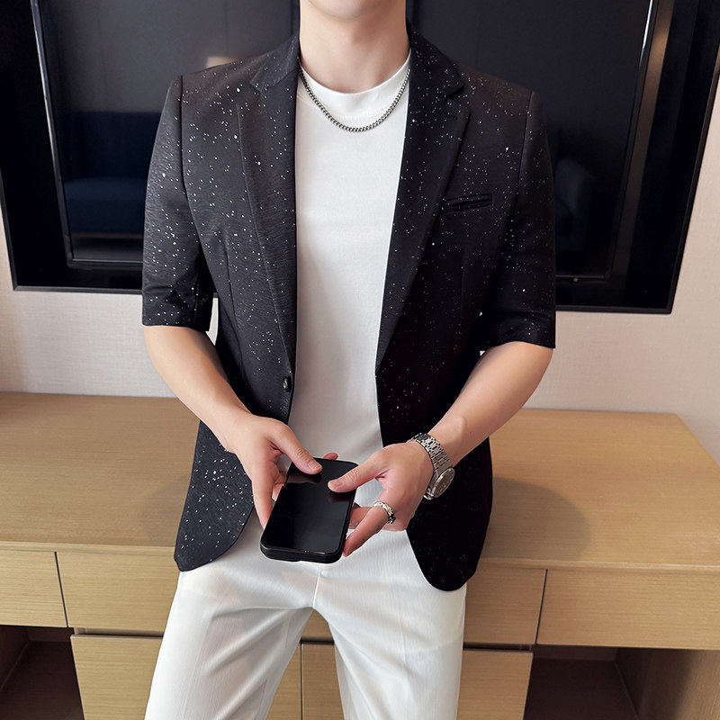 夏季薄款五分七分短袖西装外套韩版修身满天星闪光西服外套上衣男