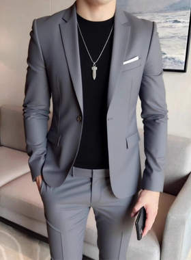 男士商务休闲小西装套装两件套修身韩版大码伴郎新郎结婚礼服西服