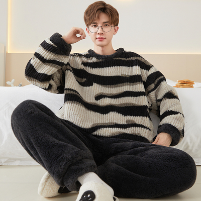 红豆男士睡衣冬季珊瑚绒加厚加绒法兰绒加肥加大码男款青少年学生