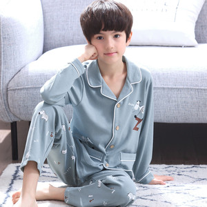 红豆青少年睡衣男长袖纯棉春秋初中学生中大童12-15岁薄款家居服