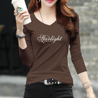 长袖t恤女修身上衣v领洋气