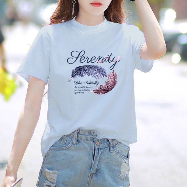 白色半高领短袖t恤女宽松夏季潮牌穿搭正肩棉质上衣服2026年新款