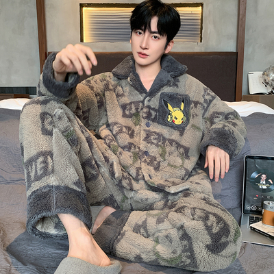 芬腾睡衣男士秋冬季珊瑚绒加厚加绒法兰绒套装大码青少年学生保暖
